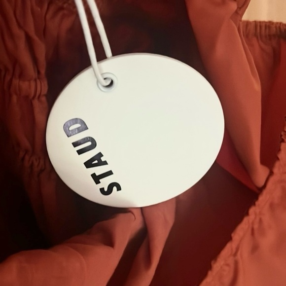 NWT Staud,Form Flattering Bow Dress Puff Sleeve Mini Rust Red, Boho, Lux,Size 6 - Picture 3 of 9